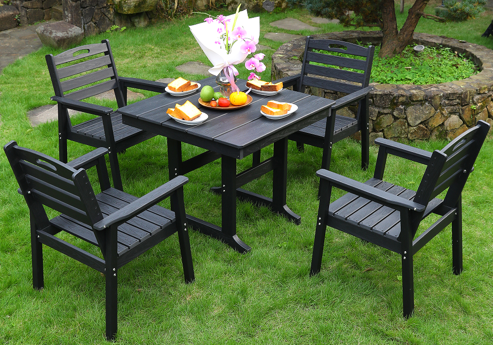 Set de sufragerie pătrat din HDPE negru din 4 piese cu spătar orizontal
