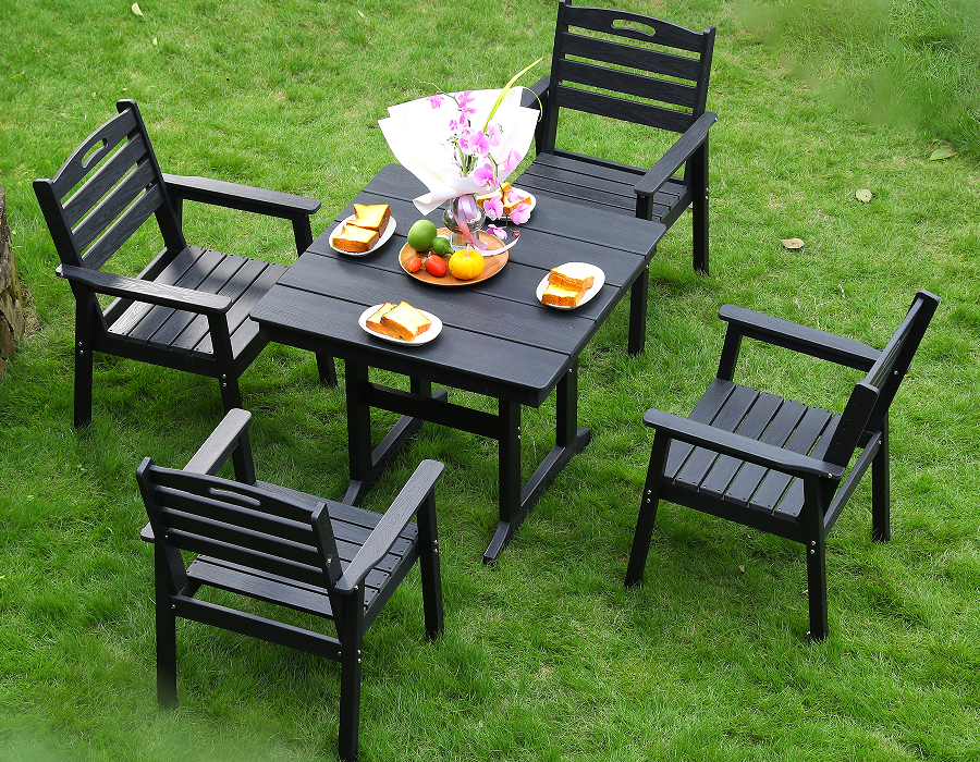 Set de sufragerie pătrat din HDPE negru din 4 piese cu spătar orizontal