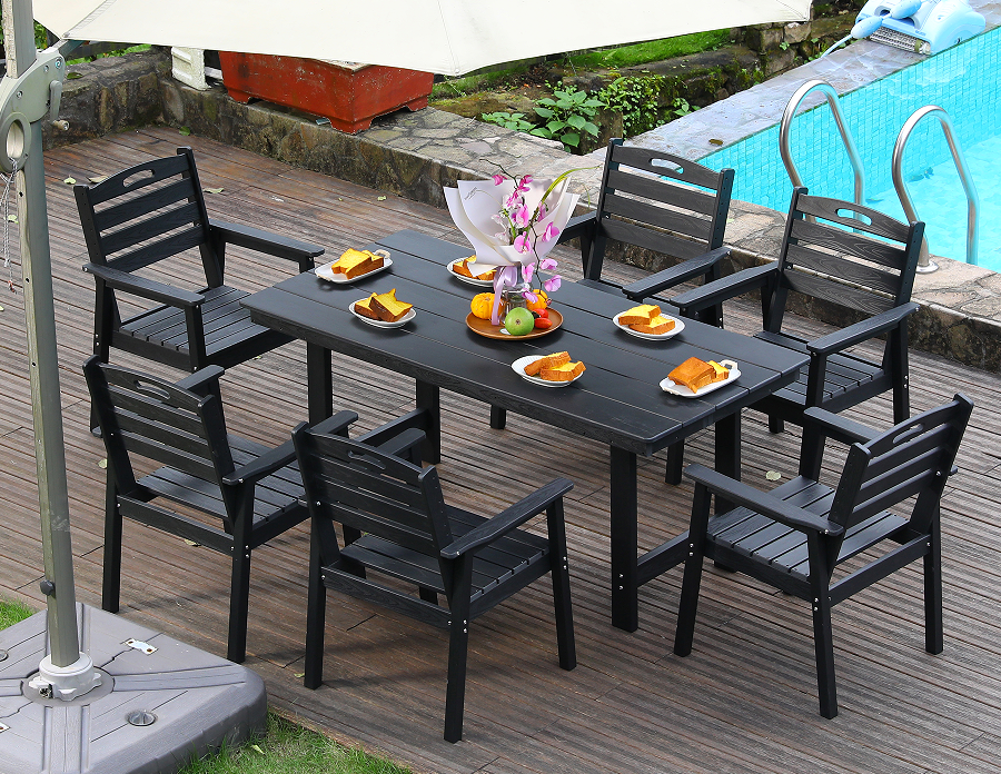Set de sufragerie în aer liber HDPE negru din 6 piese cu spătar orizontal