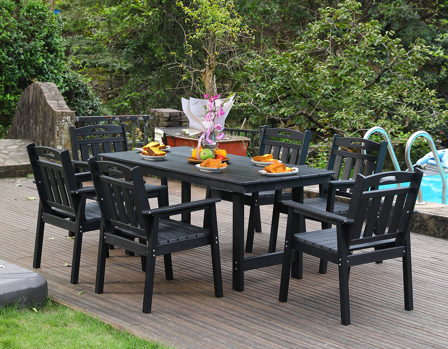 Set de sufragerie în aer liber HDPE negru, 6 piese, cu spătar vertical