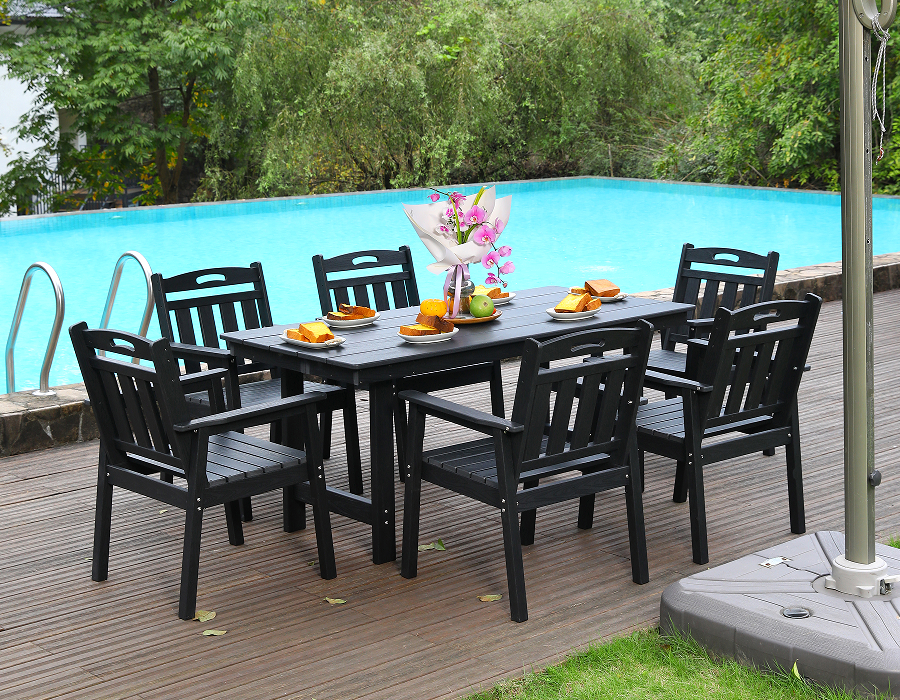 Set de sufragerie în aer liber HDPE negru, 6 piese, cu spătar vertical