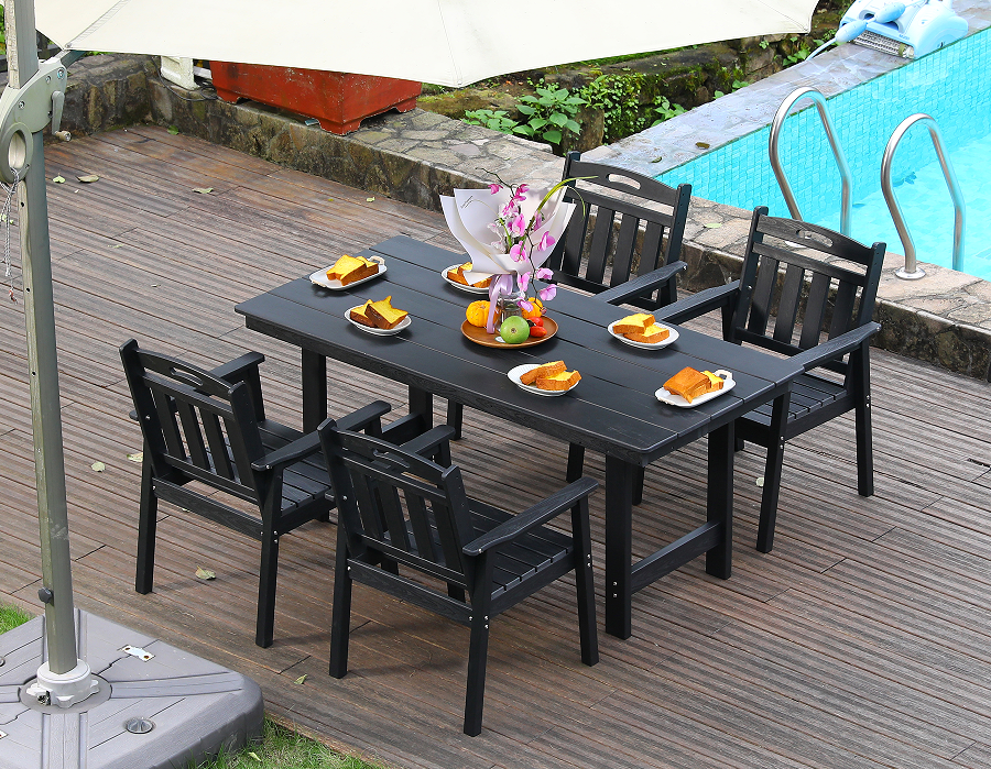Set de sufragerie în aer liber HDPE negru din 4 piese cu spătar vertical